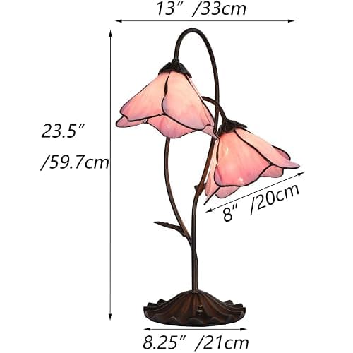 Bieye L10811 Flower Tiffany Style Stained Glass Table Lamp with 8-inch Wide Bent Glass Lampshade Lily Pad Base (2-Light, Pink) thumbnail 6