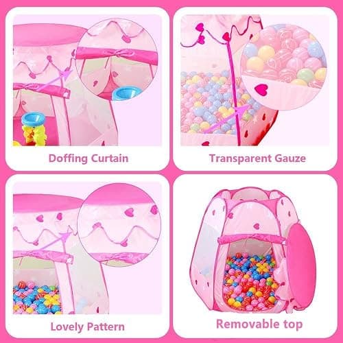 Crayline Pop Up Princess Tent with Star Light, Toys for 1 2 3 Year Old Girl Birthday Gift, Baby Girl Toys, Ball Pit for 12-18 Months Toddler Gift, Easy to Pop Up and Assemble(Pink) thumbnail 6