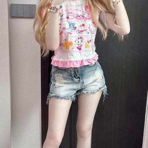 Sweet Crop Top Cartoon Print Harajuku Contrast Color T-Shirt Women Y2k Aesthetic Slim Ruffled Tee thumbnail 3
