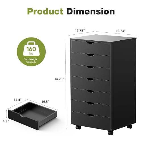 Sweetcrispy 7 Drawer Chest Mobile Storage Cabinets Wooden Dresser with Wheels Room Organization Furniture for Office Home, Black Wood thumbnail 3