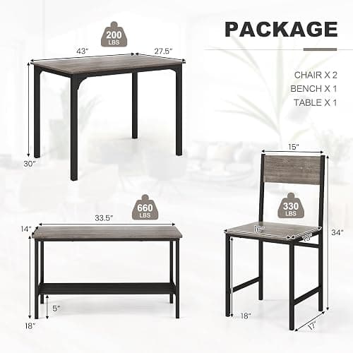 Giantex Dining Table Set for 4, Kitchen Table with Bench and Chairs, Industrial Gathering Bench Dining Set W/Metal Frame & Storage Rack, Dinette Set, Modern Functional Desk Set (Black Oak) thumbnail 3