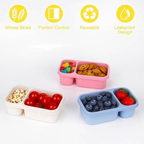DOSEWART 2-Compartment Reusable Snack Containers with Lids, Wheat Straw Reusable Snack Packs for Food Storage Meal Prep On-the-Go Snacking(3Pack) thumbnail 4