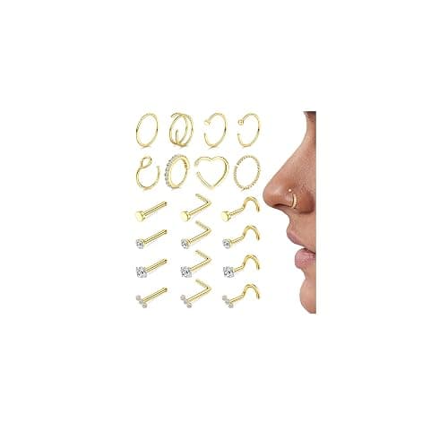 FIBO STEEL 18g 20g Nose Rings Hoops Nose Studs - Hypoallergenic Surgical Steel CZ Nose Stud L Shape Body Nostril Piercing Jewelry for Women Men 14k Gold Plated 20Pcs - Image 1