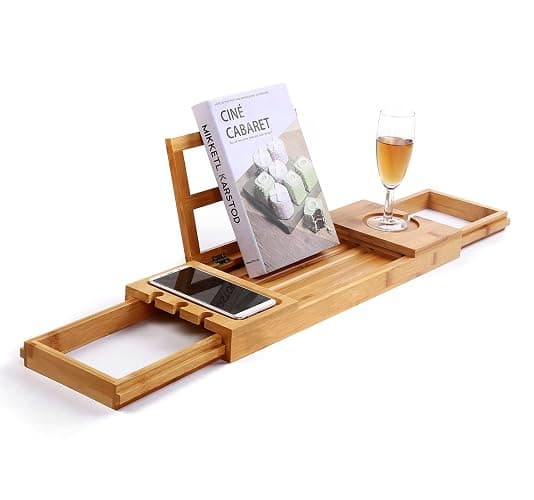 Utoplike Bathtub Caddy Tray, Bamboo Bath tub Tray with Adjustable Arms, Bath Table Holds Books/Tablets/Cell Phone/Towels/Foods (Natural Bamboo) - Image 1