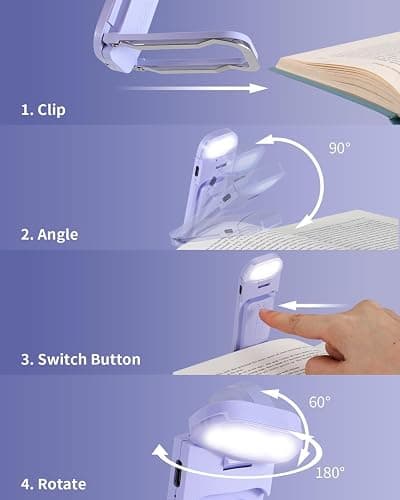 HEMONNKAM Reading Light, Rechargeable Clip-On Book Light for Bed at Night | Eye Caring 3 Color Temperatures & 5 Brightness Levels, Night Use for Bed, Reading at Night in Bed, Long Lasting, Purple thumbnail 5