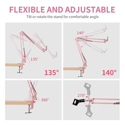 FEELWORLD AMS1 Microphone Boom Arm, Adjustable Mic Arm Stand with 3/8” to 5/8” Screw, Compatible with PM1 and other Mics for Podcast Straming Gaming Studio （Pink) thumbnail 2