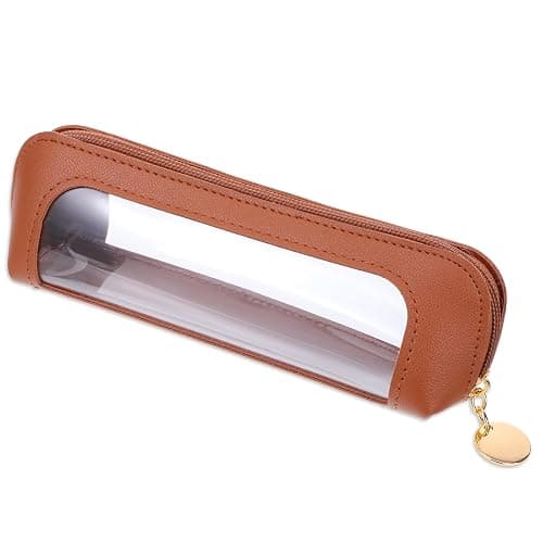 Small Clear Makeup Pouch, PU Leather Makeup Brush Bag Portable Travel Mini Cosmetic Bag Transparent Waterproof Organizer Pouch with Zipper for Women Home Travel Office Cosmetic Storage (Brown) - Image 1