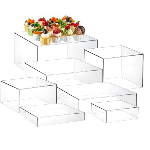 Leinuosen 7 Pcs Large Buffet Risers Set 6" to 12" Acrylic Display Box Catering Dessert Table Riser Food Display Decorative Stand with Hollow Bottom for Catering Supplies(Clear, Square) - Image 1