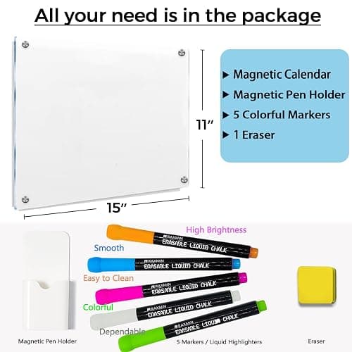 Acrylic Note Board Refrigerator Dry Erase Board Magnetic Clear 15”x11 Includes 4 Dry Erase Markers thumbnail 3