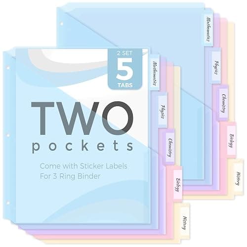 SKYDUE Binder Dividers with Two Pockets, 2Sets, 5 Tabs Dividers for 3 Ring Binder, Plastic Binder Dividers with Tabs for School, Office, and Home Organization - Image 1