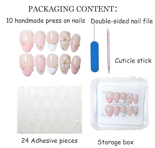 Handmade Short Almond French Press On Nails,Reusable&Salon Quality(PZ03, S) | 10Pcs Daily & Party Fake Nails | Easy Apply & Remove | Nude Pink Ombre with 3D Floral, Pearl & Gold Bead Decor thumbnail 3