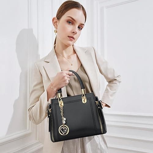 KKXIU Stylish Women Satchel Purses and Handbags Vegan Leather Top Handle Shoulder Crossbody Bag - Black 1 thumbnail 2