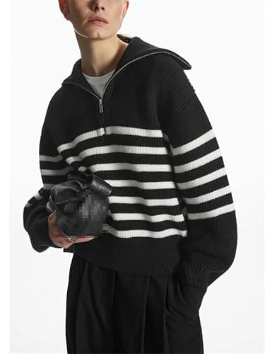 Women's Turtleneck Loose Lapel Striped Knitwear Pulovers Half Zipper Casual Fashion Sweaters thumbnail 3