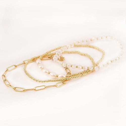Pymach Dainty Gold Plated Pearl Crystal Beaded Bracelets Set for Women 14K Gold Plated Bead Pearl Crystal Beads Bracelet Stackable Paperclip Link Chain Bracelets Gold Plated Bracelets for Women Trendy Jewelry thumbnail 4
