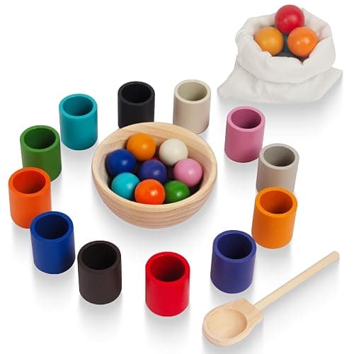Rainbow Balls in Cups Toddler Montessori Toys for 3 Year Old Up, Kids Preschool Wooden Matching Games for Learning Color Sorting and Counting thumbnail 4