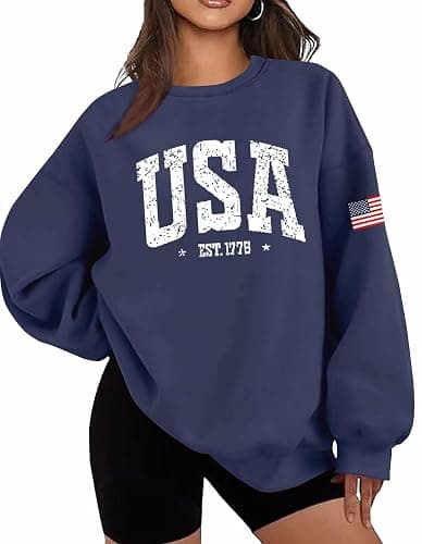 Dressmine Womens Oversized USA Sweatshirt Long Sleeve Fleece Pullover American Flag Crewneck Sweater Fourth of July Outfit - Image 1
