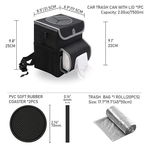 upra Car Trash Can with Lid,Bag Hanging Storage Pockets,Adjustable Tissue Holder & Straps,Portable Waterproof Garbage Bin, 1.98 Gal Large Capacity Multipurpose Bin thumbnail 2