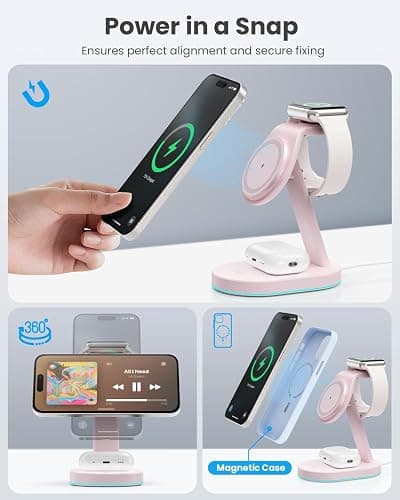 3 in 1 Wireless Charger Charging Station for iPhone,Qi2 Certified 15W Magnetic Charging Stand for Mag-Safe with 30W USB C Adapter&Friendly Night Light for iPhone 16/15/14/13/12,Apple Watch,AirPods thumbnail 4