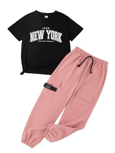 FRCLHWA Kids Toddler Girl Clothes Letter Print Graphic Top and Jogger Pants 2PC Summer Clothing Set - 11-12 Years - Black & Pink - Image 1