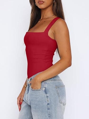 REORIA Butsmooth® Women’s Sexy Sleeveless Square Neck Double Lined Basic Bodysuit Tank Tops thumbnail 3