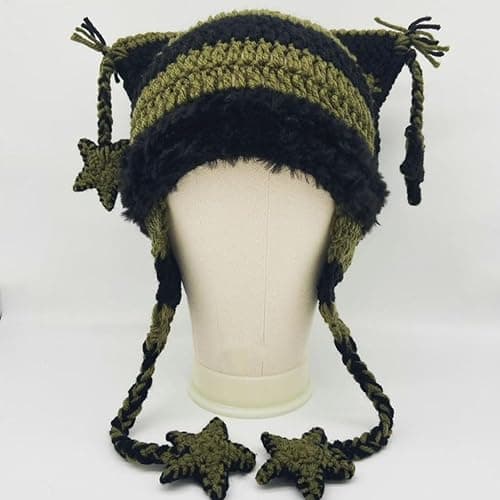 Beanies Cat Beanie Y2k Beanie Goth Knit Hat Grunge Crochet Hats for Women y2k Accessories - Medium - Black Green thumbnail 4