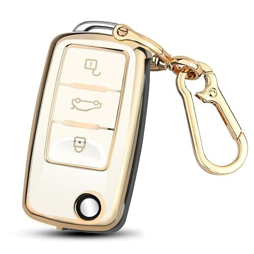 FT FUNTOR for VW Key Fob Cover TPU with Keychain (Gold Edge White) | Key Fob Case Shell Protector Keychain, for Beetle Golf Passat GTI Jetta Tiguan Polo Accessories - Image 1