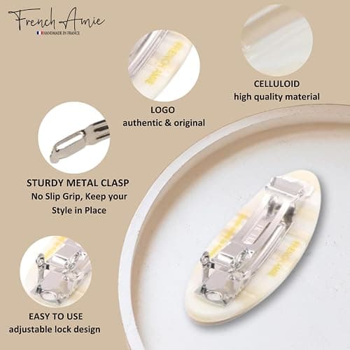 French Amie Oval Mini Silver Grey Onyx Tokyo Ivory Set of 3 Handmade Celluloid Hair Clip Barrette for Girls (2.5 inch) thumbnail 3