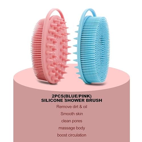 2 Pack Silicone Body Scrubber, Loofah Double-Sided Body Brush,Shower Scrubber and Scalp Massager Shampoo Brush for Sensitive Kids Women Men All Kinds of Skin (Pink & Blue) thumbnail 6