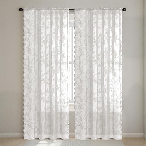 Fudaiki Set of 2 Panels Lace Sheer Curtains for Bedroom Living Room Light Filtering Voile Curtains Window Treatments White 58 x 78 Inch - Image 1