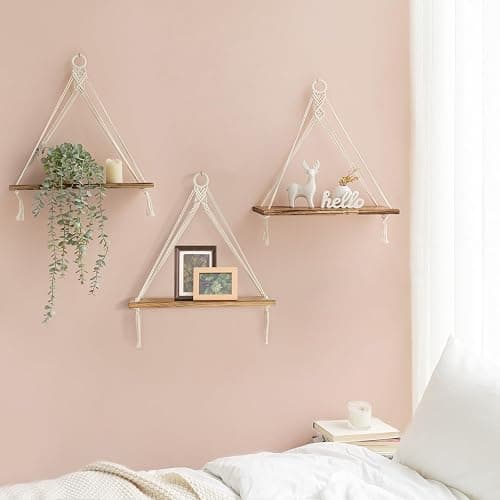 Mkono Macrame Hanging Shelves Boho Wall Decor Set of 3 Rustic Wood Floating Storage Shelf for Bedroom Bathroom Living Room Nursery Dorm Room, Display Shelving for Hanging Plants Photos thumbnail 2