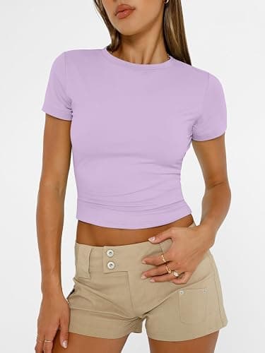 AUTOMET Women's Crew Neck Short Sleeve Basic Stretchy Tight Fitted T-Shirt thumbnail 2