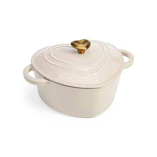 Paris Hilton Enameled Cast Iron Dutch Oven Heart-Shaped Pot with Lid, Dual Handles, Works on All Stovetops, Oven Safe to 500°F, 2-Quart, Cream - Image 1