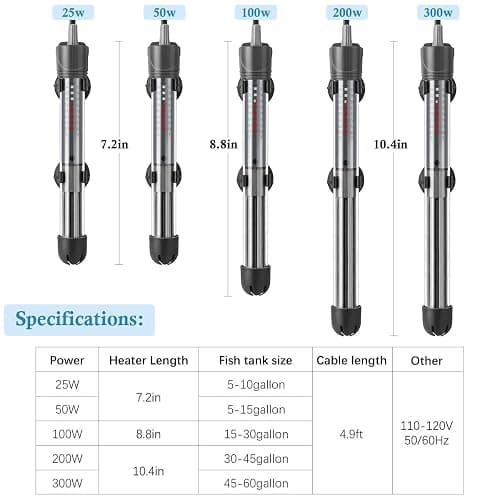 HITOP 25W 50W 100W 200W 300W Adjustable Aquarium Heater, Submersible Fish Tank Heater Thermostat with Suction Cup (200W) thumbnail 2