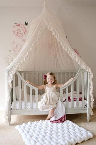 Wonder Space Elegant Kids Bed Canopy - Lace Chiffon Netting with Pom Pom, Princess Girls Fairy Dream Tent, Nursery Room Baby Crib Hanging Curtain Mosquito Net Children Reading Nook Decoration (Beige) thumbnail 2