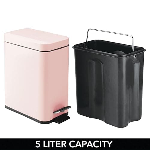 mDesign Small Modern 1.3 Gallon Rectangle Metal Lidded Step Trash Can, Compact Garbage Bin with Removable Liner Bucket and Handle for Bathroom, Kitchen, Craft Room, Office, Garage - Light Pink thumbnail 5