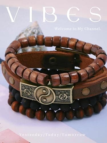 GAUEIOUR Cowhide Wooden Beaded Bracelet, Bagua Tribal Bangle for Men & Women, Multi-layered Beaded Wood Bead Bracelet (4PCS) thumbnail 4