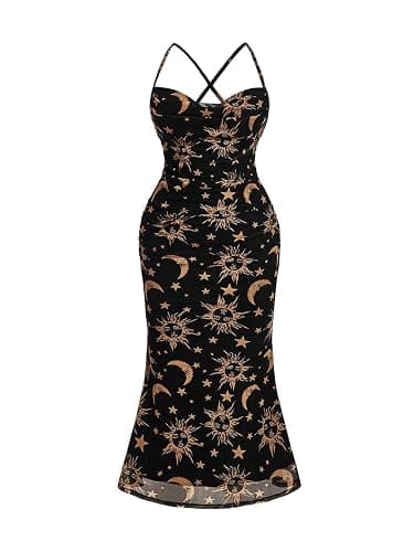 Floerns Women's Plus Size Vintage Graphic Mesh Long Birthday Goth Dresses | Spaghetti, Cowl Neck, Wedding Guest, Cocktail, Party, Y2k, Formal, Celestial Dress - Image 1