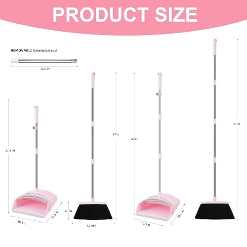 BSKLIN Pink Broom and Dustpan Set, 52” Long Adjustable Handle Broom with Dustpan Combo Set with Dust Pan Teeth to Clean Hair for Home Lobby Office thumbnail 2
