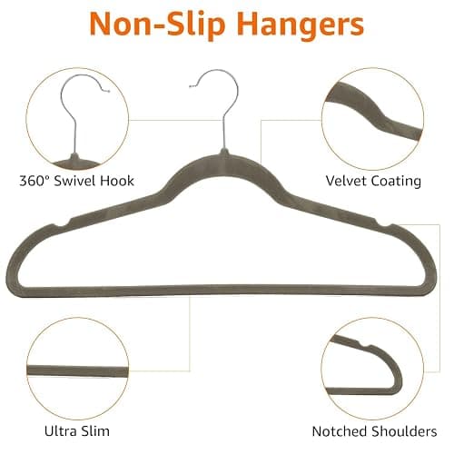 Amazon Basics Slim Velvet Non-Slip Space Saving Suit Clothes Hangers, Closet Organizer, Gray/Silver, 50-Pack thumbnail 8