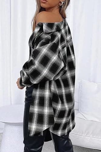 CHYRII Womens Button Down Flannel Shirts Long Sleeve Plaid Shackets Business Casual Blouse Top thumbnail 2