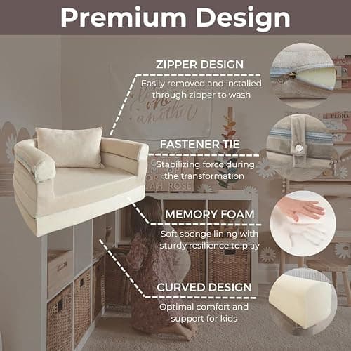 Wonder Space Kids Foam Couch with Blanket & Pillow, Pre-Assembled Toddlers 3-in-1 Convertible Sofa, Indoor Foadable Lounger Chair & Flip Open Floor Bed for Boys & Girls (Ivory) thumbnail 7