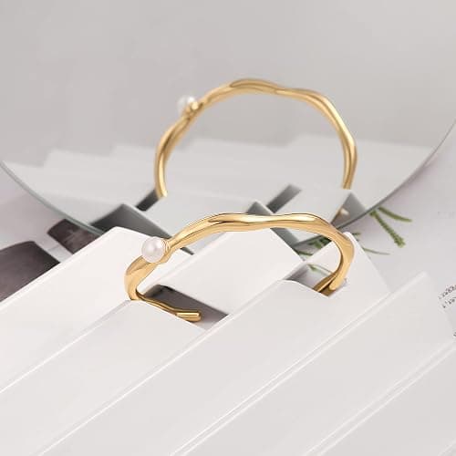 PERNNLA PEARL Dainty Gold Bar Bracelet for Women Simple Delicate Thin Cuff Bangle Hook Bracelet 18K Gold Plated Handmade Minimalist Jewelry thumbnail 6
