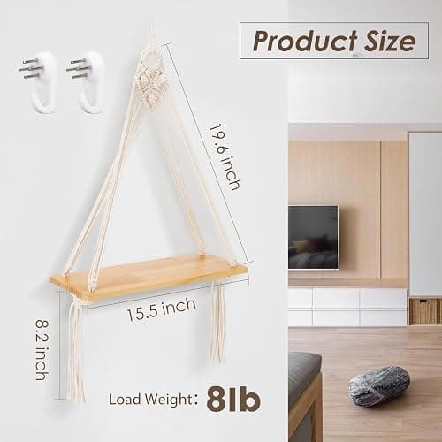 Sunkaioo Macrame Wall Hanging Shelf Set of 2,Boho Wooden Display Floating Shelves for Wall Decor with Handmade Woven Rope,Farmhouse Rustic Plant Shelf for Bedroom Dorm Nursery Living Room Bathroom thumbnail 3