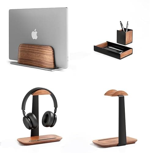 UPERGO Wooden Vertical Laptop Stand, Desk Tray and Headphone Stand - Image 1