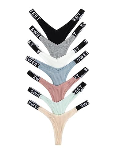 Verdusa Women's 7Pcs G String Thongs Cheeky Low Rise Letter Print Tape Underwear Pack Panties Briefs - Large - Multicolor - Image 1
