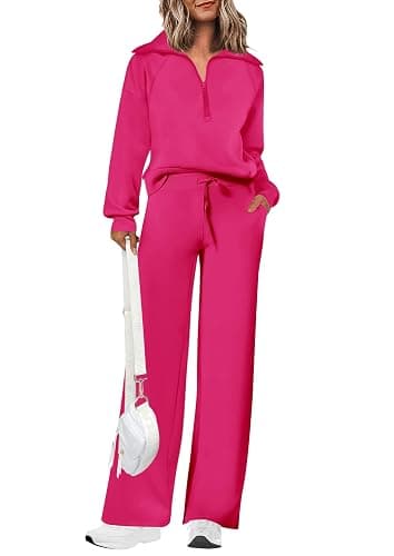 PRETTYGARDEN Women's 2 Piece Outfits Casual Lapel Half Zip Sweatshirts and Wide Leg Pants Tracksuit Sets - Image 1