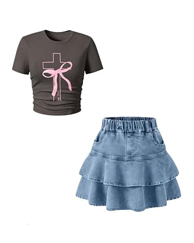 Cakaner Tween Girls Skirt Set Short Sleeve T-Shirt and Ruffle Tiered Denim Skirt Summer Casual 2 Piece Outfit Size 7-14 - Image 1