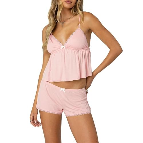 Women Sexy 2 Piece Pajama Set Cute Pj Sets Floral Print Lace Trim Cami Tank Top Shorts Teen Girls Sleepwear - Image 1
