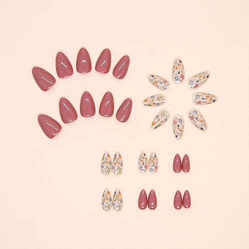 Almond Press on Nails Short Fake Nails Flower Glue on Nails Red Bean Paste Full Cover False Nails Press ons Glossy Acrylic Nails Artificial Stick on Nails for Women 24Pcs thumbnail 2