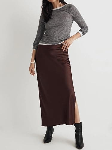 Skrtimory Womens Satin Silk Maxi Slit Skirt Elastic Waistband Maxi Long Satin Slit Skirts for Women thumbnail 4